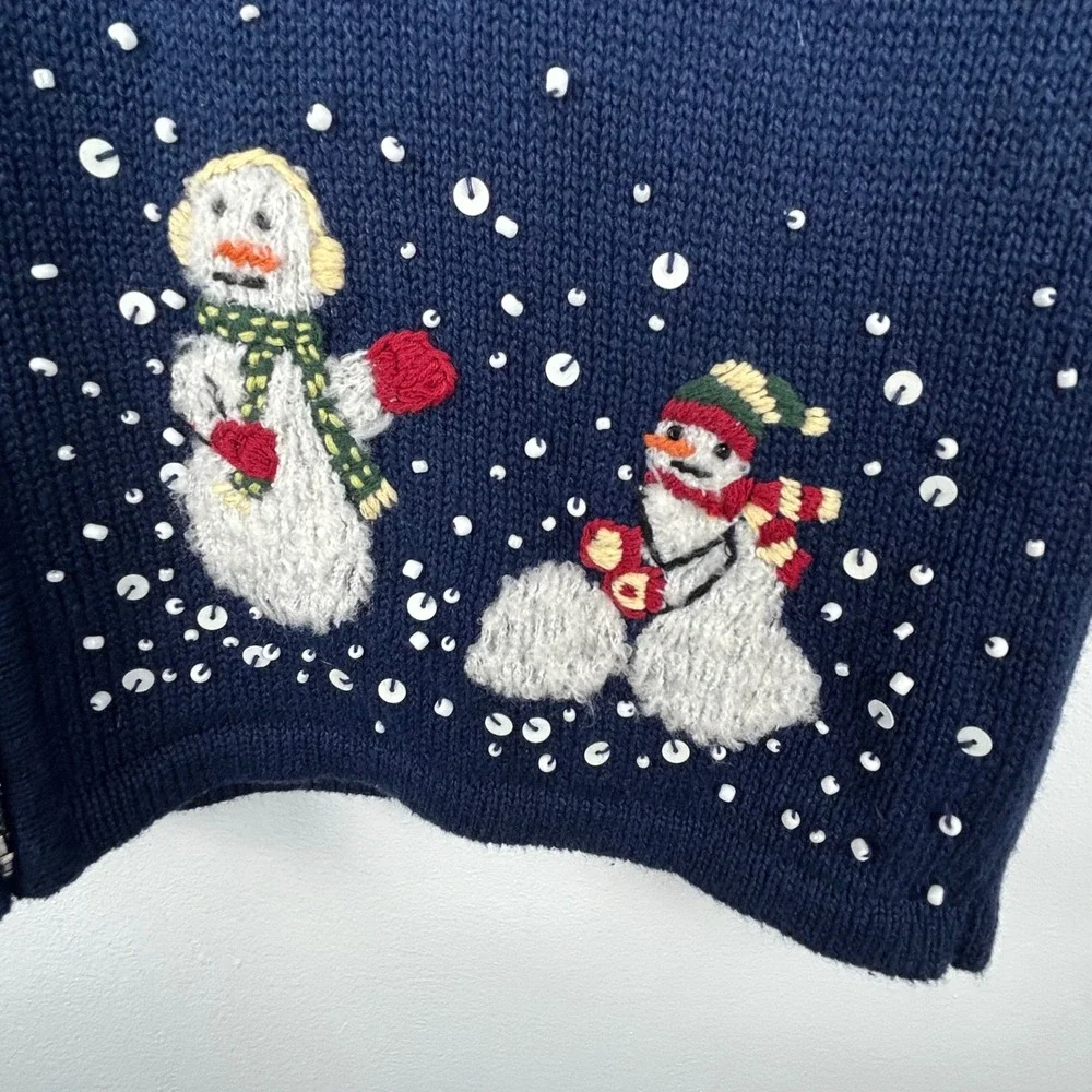 Vintage Breckenridge Navy Blue Snowman‎ Sequin Zip Up Vest Women's Medium